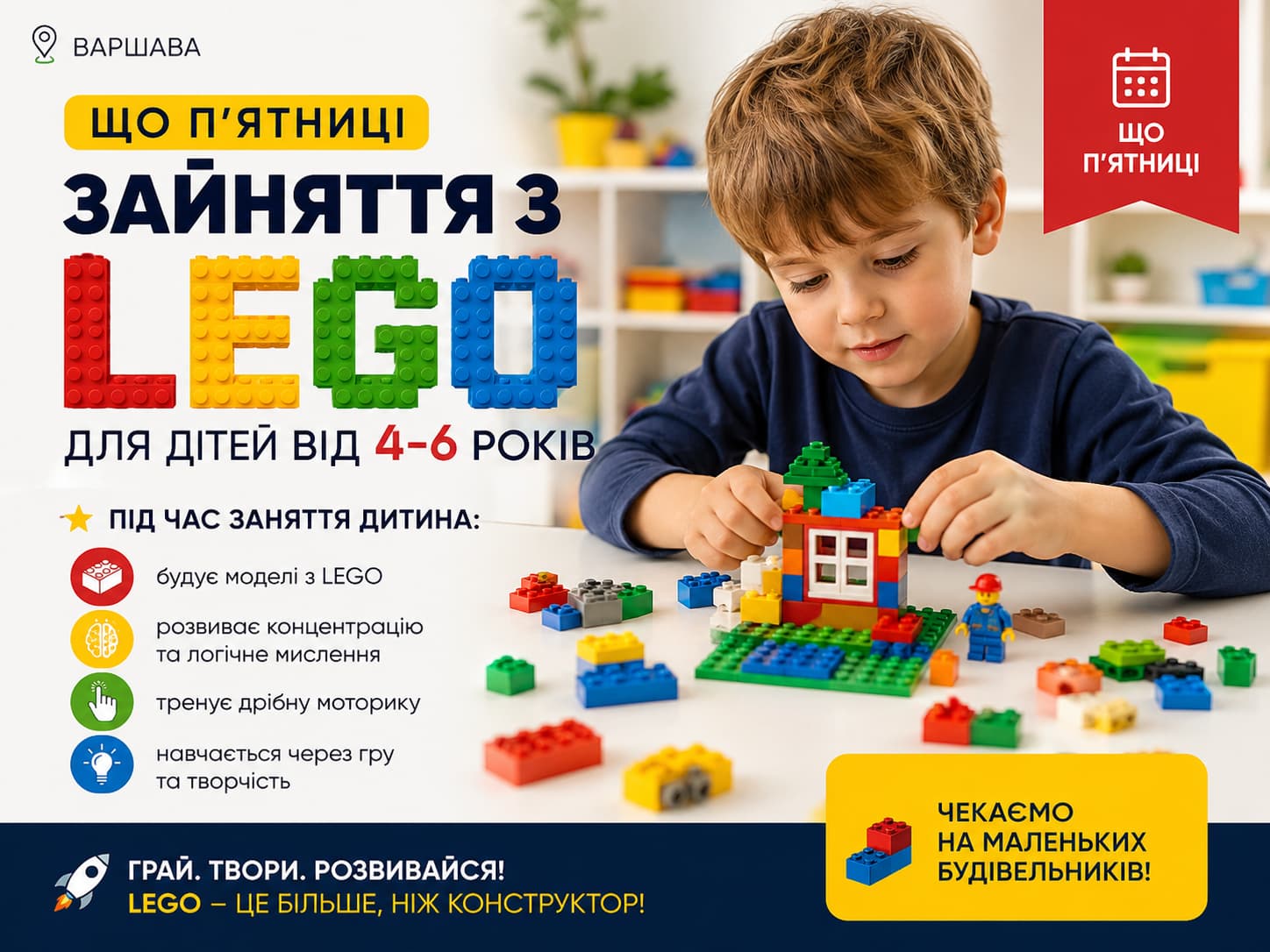 Заняття LEGO у Варшаві для дітей 4–6 років — творчість, розвиток та навчання через гру | Art Home